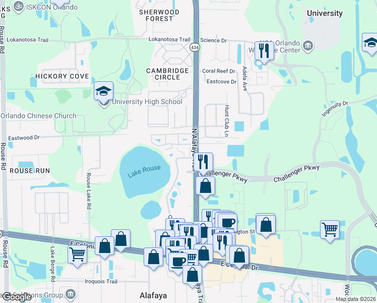 map of restaurants, bars, coffee shops, grocery stores, and more near 2533 Lancien Court in Orlando
