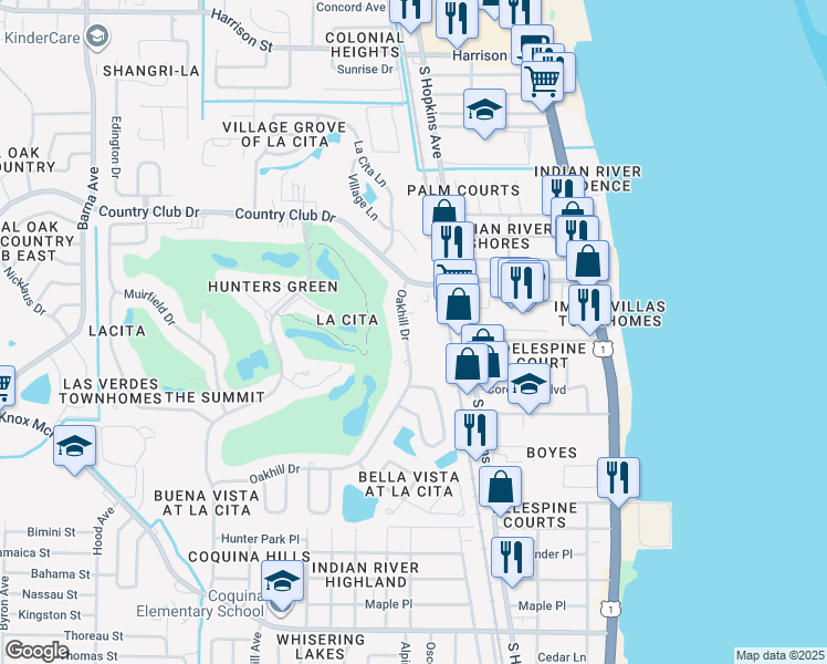 map of restaurants, bars, coffee shops, grocery stores, and more near 3540 Sable Palm Lane in Titusville