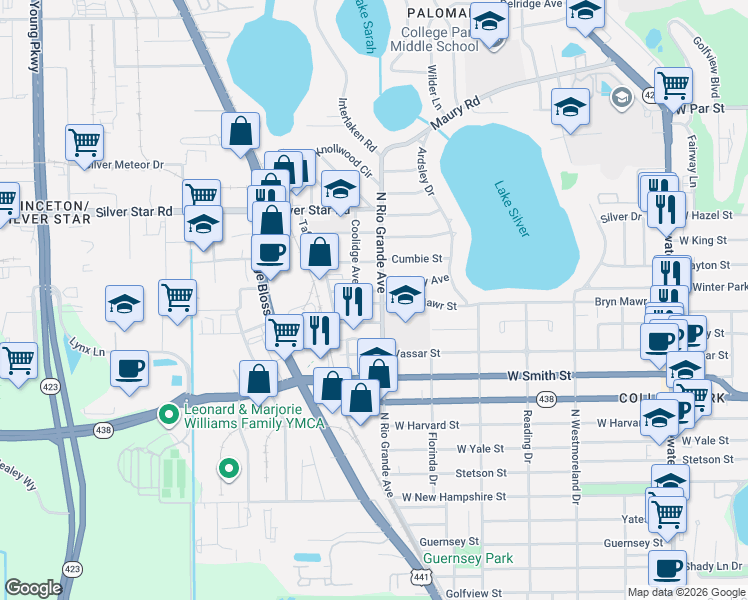 map of restaurants, bars, coffee shops, grocery stores, and more near 2550 North Rio Grande Avenue in Orlando