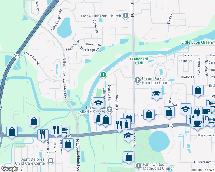map of restaurants, bars, coffee shops, grocery stores, and more near 2126 Glenmont Lane in Orlando