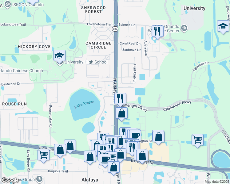 map of restaurants, bars, coffee shops, grocery stores, and more near 2506 North Alafaya Trail in Orlando