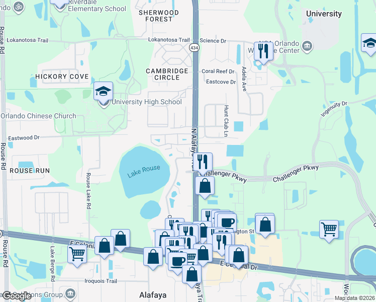 map of restaurants, bars, coffee shops, grocery stores, and more near 2509 Lancien Court in Orlando