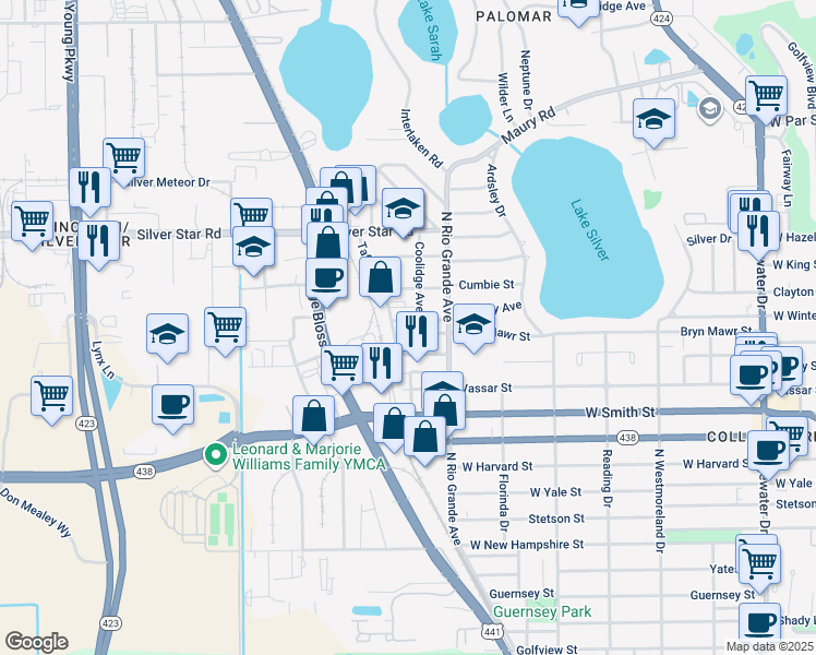 map of restaurants, bars, coffee shops, grocery stores, and more near 1611 Bryn Mawr Street in Orlando