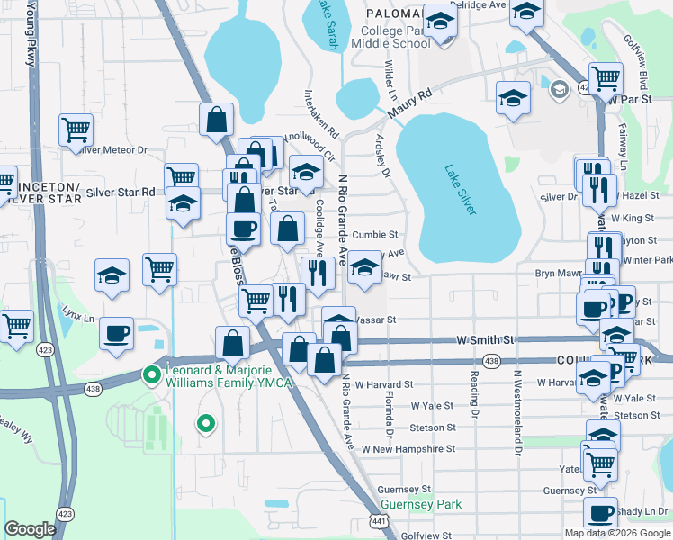 map of restaurants, bars, coffee shops, grocery stores, and more near 2550 North Rio Grande Avenue in Orlando