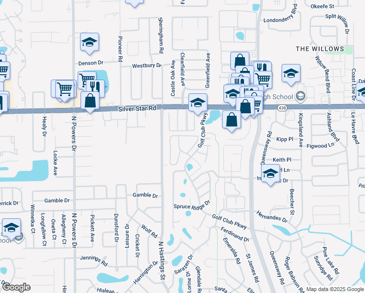 map of restaurants, bars, coffee shops, grocery stores, and more near 5636 Pine Chase Drive in Pine Hills