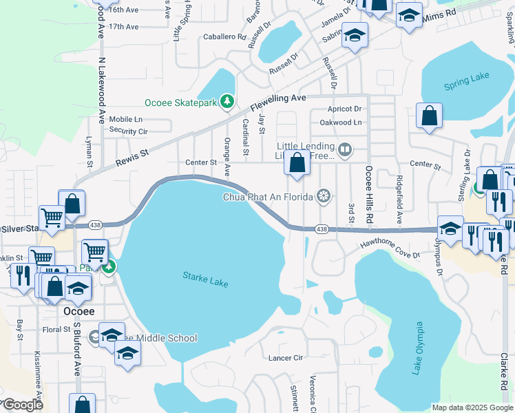 map of restaurants, bars, coffee shops, grocery stores, and more near 806 East Silver Star Road in Ocoee