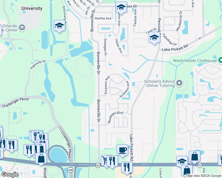 map of restaurants, bars, coffee shops, grocery stores, and more near 13600-13608 Brigham Young Dr in Orlando