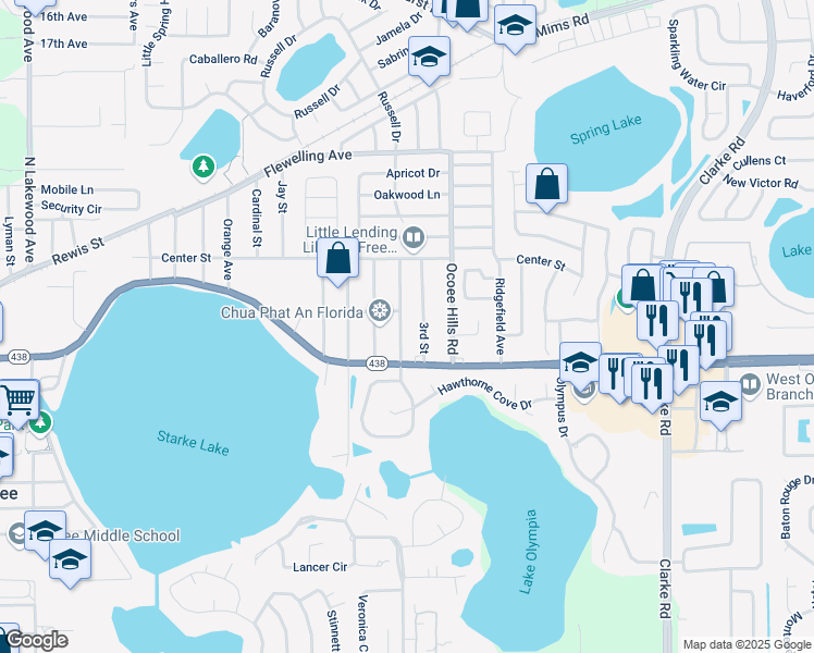 map of restaurants, bars, coffee shops, grocery stores, and more near 409 2nd Street in Ocoee