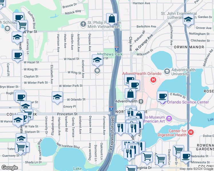 map of restaurants, bars, coffee shops, grocery stores, and more near 111 E Winter Park St in Orlando