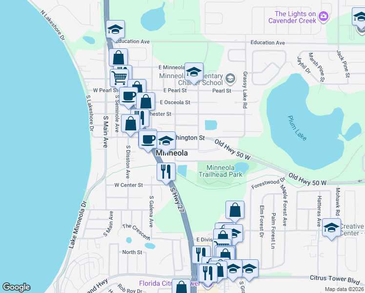 map of restaurants, bars, coffee shops, grocery stores, and more near 204 East Baker Street in Minneola