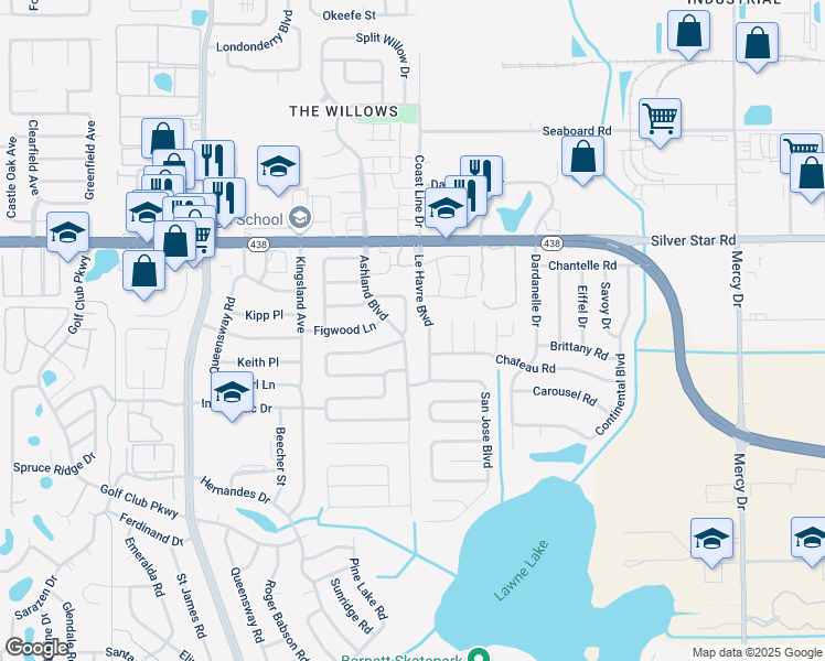 map of restaurants, bars, coffee shops, grocery stores, and more near 2401 Ashland Boulevard in Orlando