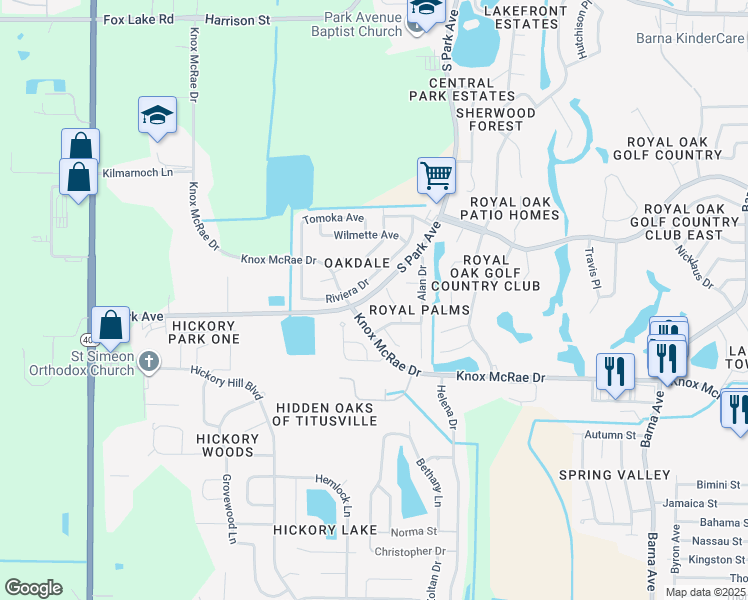 map of restaurants, bars, coffee shops, grocery stores, and more near 2553 South Park Avenue in Titusville