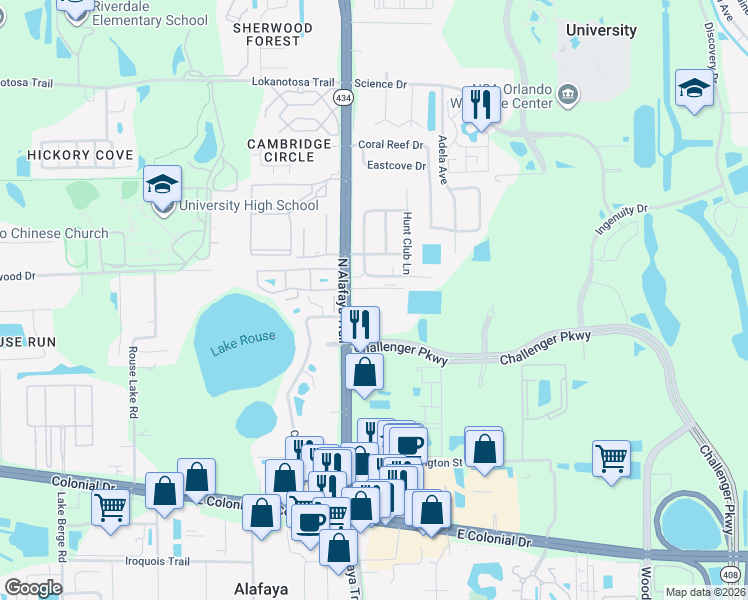 map of restaurants, bars, coffee shops, grocery stores, and more near 2501 North Alafaya Trail in Orlando