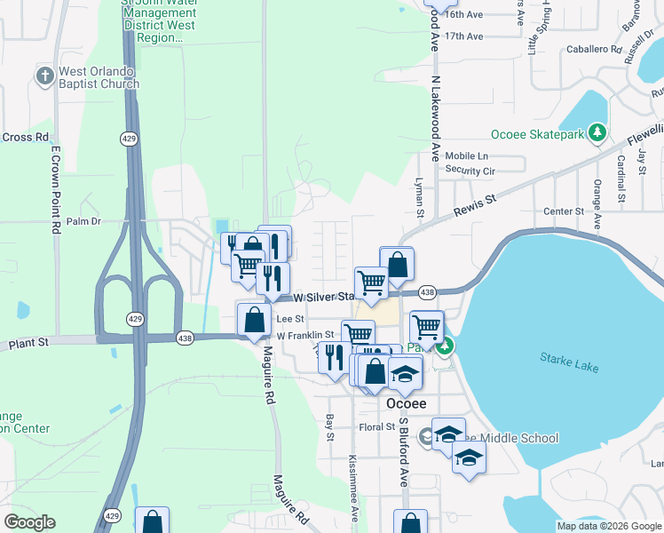 map of restaurants, bars, coffee shops, grocery stores, and more near 143 East Circle Key Drive in Ocoee