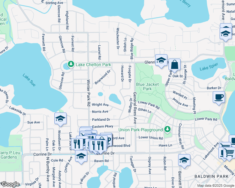 map of restaurants, bars, coffee shops, grocery stores, and more near 2225 Howard Drive in Winter Park