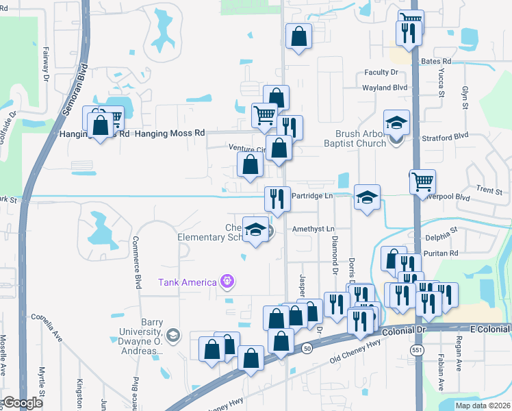 map of restaurants, bars, coffee shops, grocery stores, and more near 6921 Turquoise Lane in Orlando