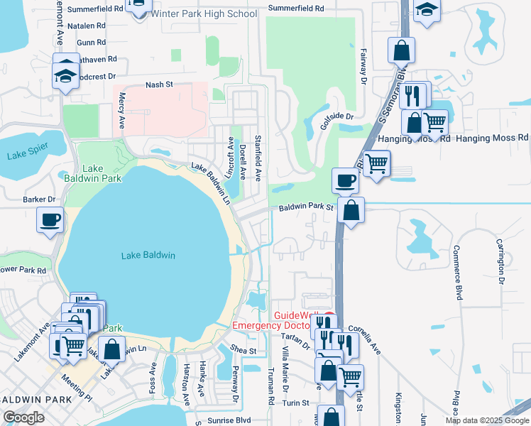 map of restaurants, bars, coffee shops, grocery stores, and more near 5495 Baldwin Park Street in Orlando