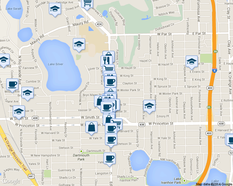 map of restaurants, bars, coffee shops, grocery stores, and more near 638 West Winter Park Street in Orlando