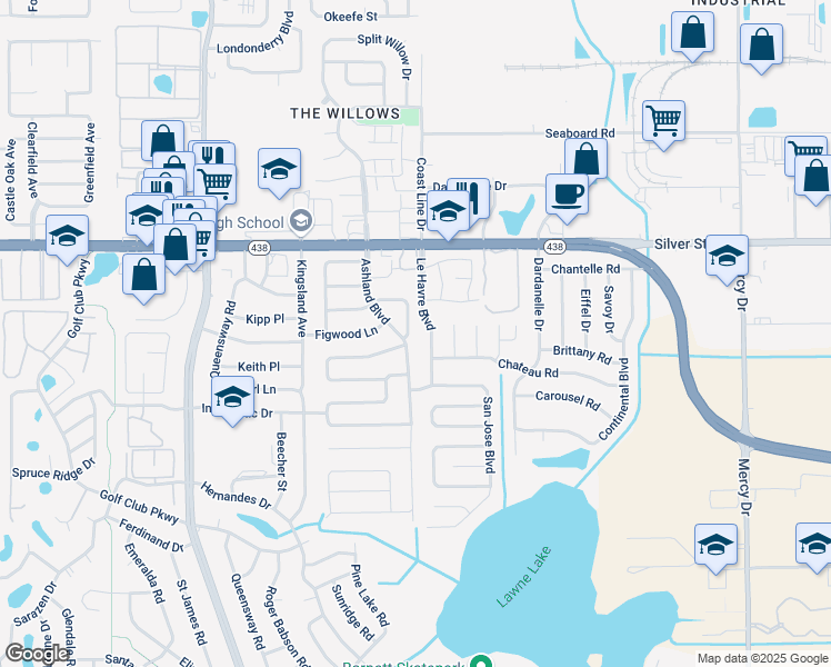 map of restaurants, bars, coffee shops, grocery stores, and more near 2401 Ashland Boulevard in Orlando