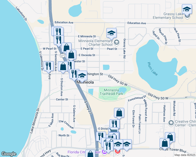 map of restaurants, bars, coffee shops, grocery stores, and more near 214 East Baker Street in Minneola