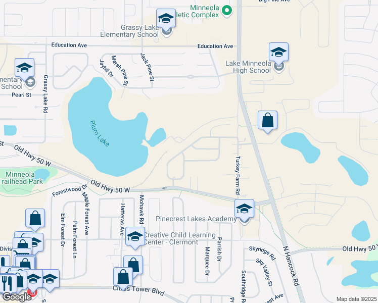map of restaurants, bars, coffee shops, grocery stores, and more near 361 Brimming Lake Road in Minneola