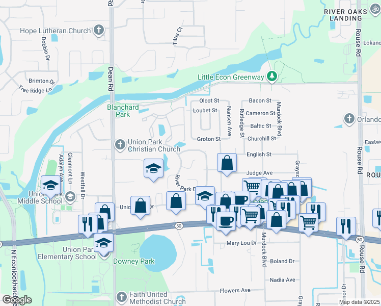 map of restaurants, bars, coffee shops, grocery stores, and more near 1927 River Park Boulevard in Orlando