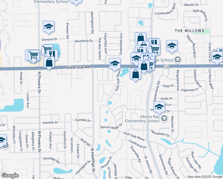map of restaurants, bars, coffee shops, grocery stores, and more near 5654 Pine Chase Drive in Pine Hills