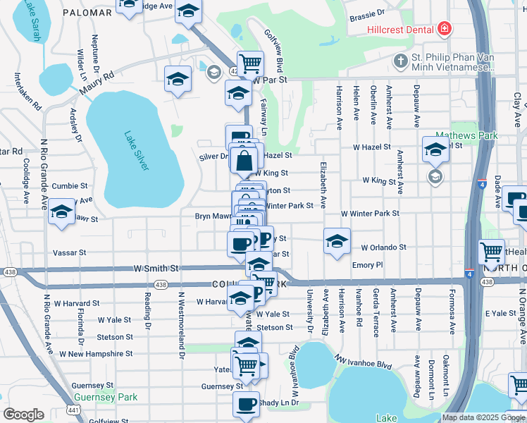 map of restaurants, bars, coffee shops, grocery stores, and more near 638 West Winter Park Street in Orlando