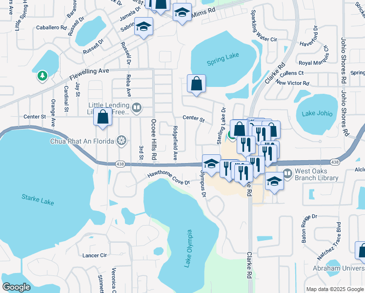 map of restaurants, bars, coffee shops, grocery stores, and more near 604 Sullivan Avenue in Ocoee