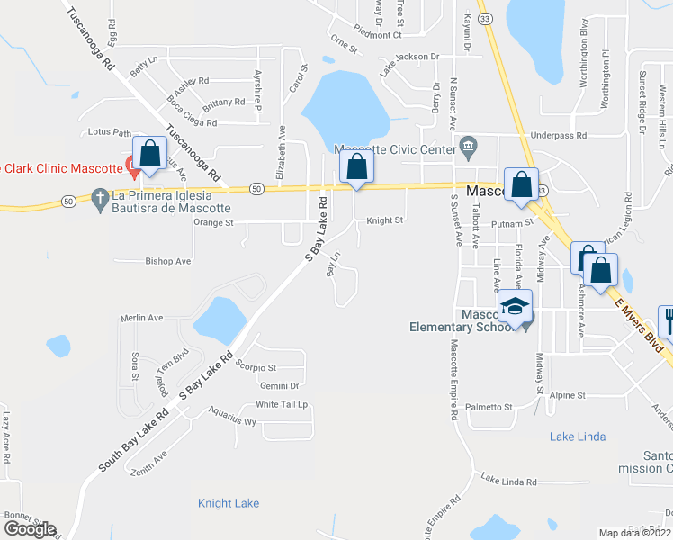 map of restaurants, bars, coffee shops, grocery stores, and more near 1 Bay Ridge Loop in Mascotte