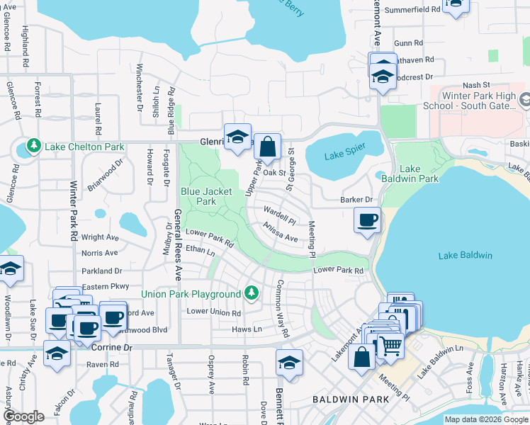 map of restaurants, bars, coffee shops, grocery stores, and more near 4000 Wardell Place in Orlando