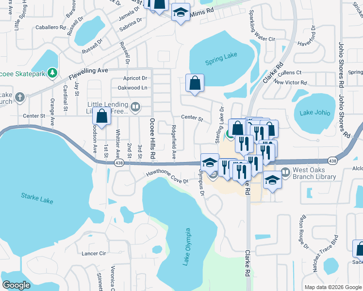 map of restaurants, bars, coffee shops, grocery stores, and more near 604 Sullivan Avenue in Ocoee