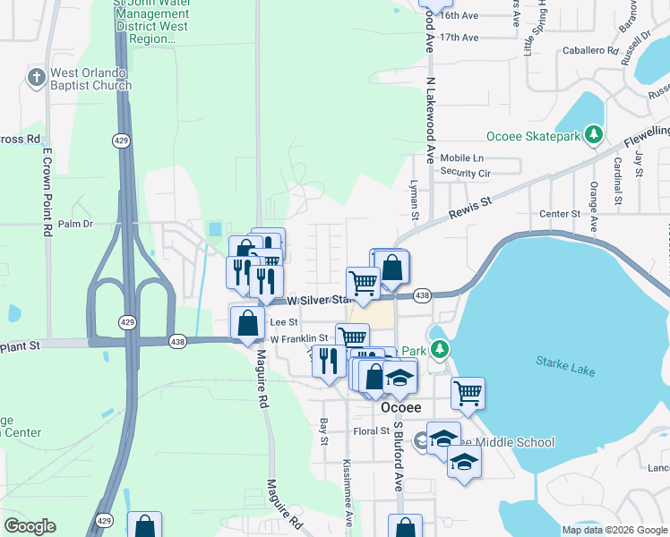 map of restaurants, bars, coffee shops, grocery stores, and more near 143 East Circle Key Drive in Ocoee