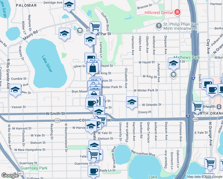 map of restaurants, bars, coffee shops, grocery stores, and more near 552 West Winter Park Street in Orlando