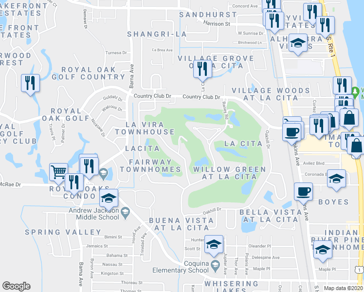 map of restaurants, bars, coffee shops, grocery stores, and more near 3583 Par Lane in Titusville
