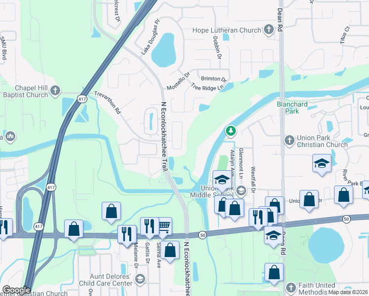map of restaurants, bars, coffee shops, grocery stores, and more near 2526 Woods Edge Circle in Orlando