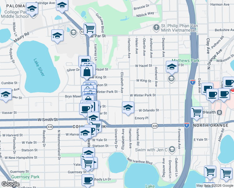 map of restaurants, bars, coffee shops, grocery stores, and more near 516 West Winter Park Street in Orlando