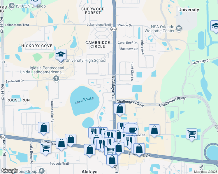 map of restaurants, bars, coffee shops, grocery stores, and more near 2535 Lancien Court in Orlando