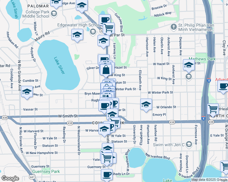 map of restaurants, bars, coffee shops, grocery stores, and more near 638 West Winter Park Street in Orlando