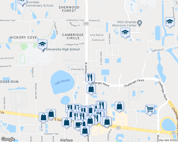 map of restaurants, bars, coffee shops, grocery stores, and more near 2569 North Alafaya Trail in Orlando
