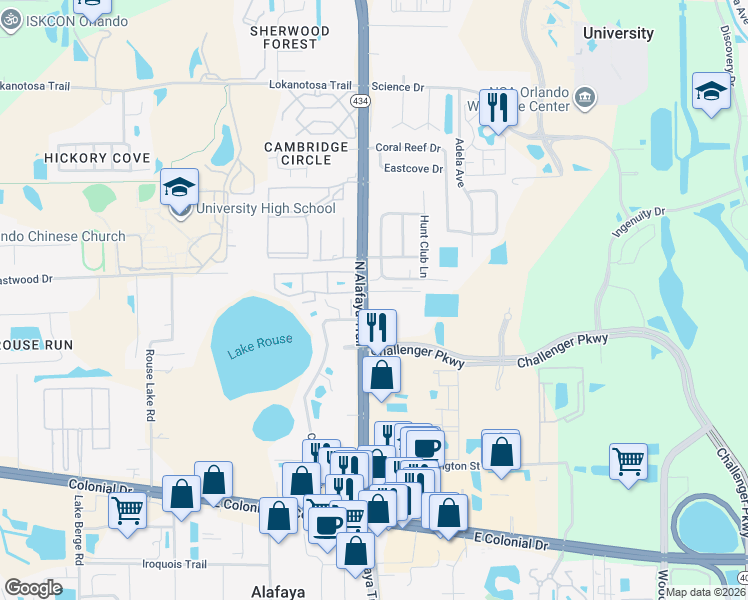 map of restaurants, bars, coffee shops, grocery stores, and more near 2515 North Alafaya Trail in Orlando