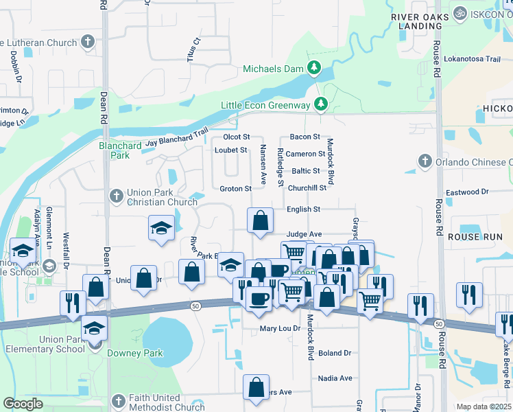 map of restaurants, bars, coffee shops, grocery stores, and more near 2215 Vincent Road in Orlando
