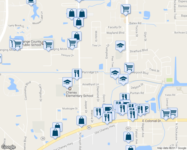 map of restaurants, bars, coffee shops, grocery stores, and more near 7129 Turquoise Lane in Orlando