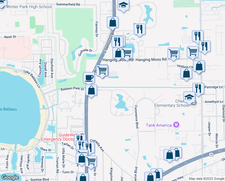 map of restaurants, bars, coffee shops, grocery stores, and more near 5934 Auvers Boulevard in Orlando