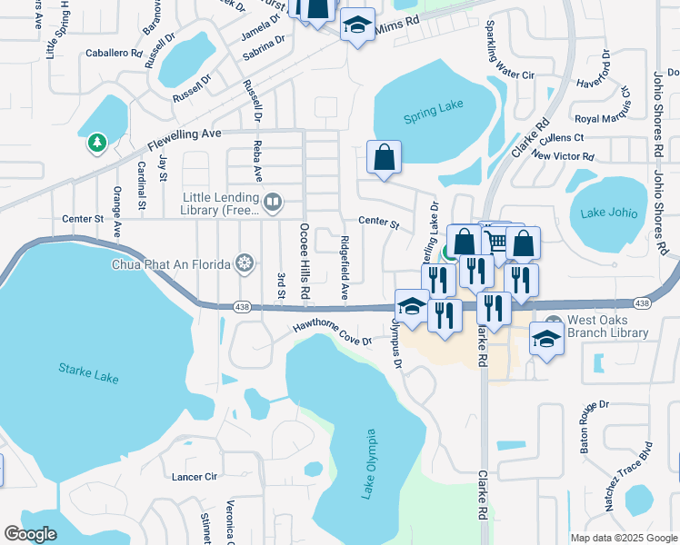 map of restaurants, bars, coffee shops, grocery stores, and more near 604 Sullivan Avenue in Ocoee