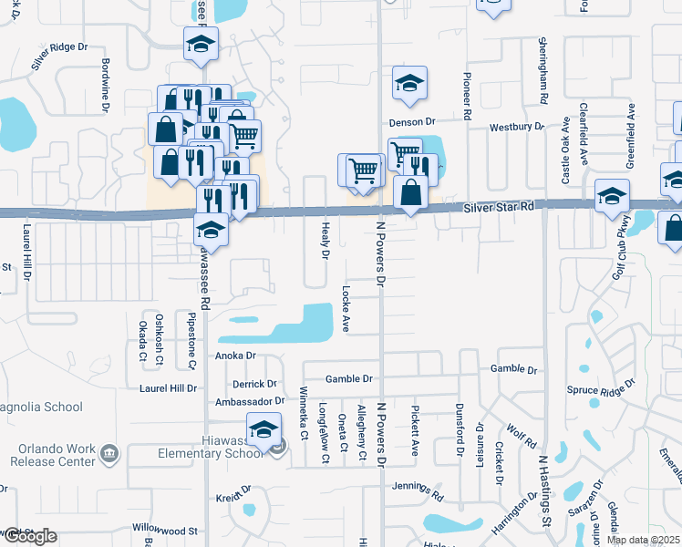 map of restaurants, bars, coffee shops, grocery stores, and more near 2420 Locke Avenue in Orlando