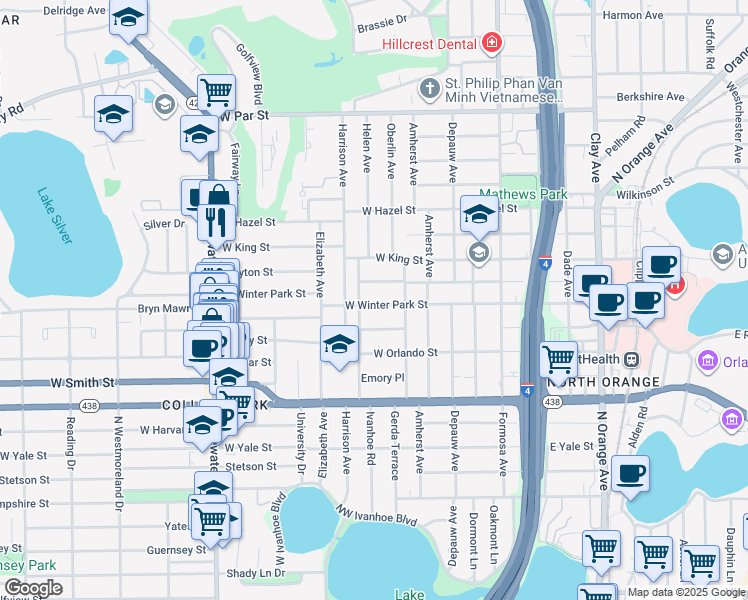 map of restaurants, bars, coffee shops, grocery stores, and more near 235 West Winter Park Street in Orlando