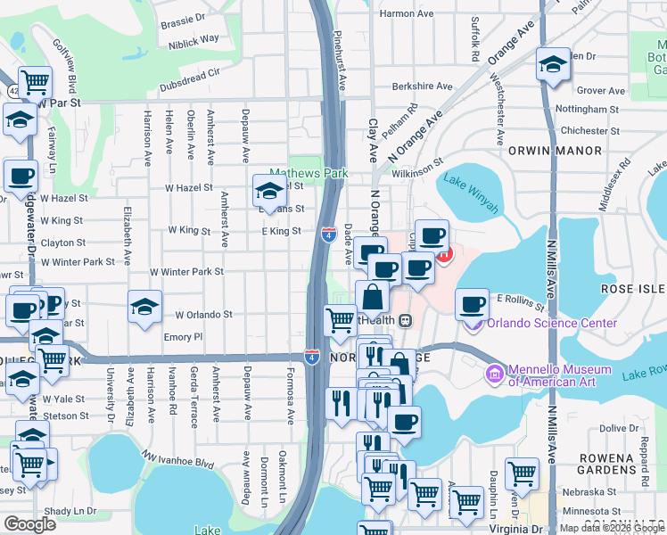 map of restaurants, bars, coffee shops, grocery stores, and more near 2650 Dade Avenue in Orlando
