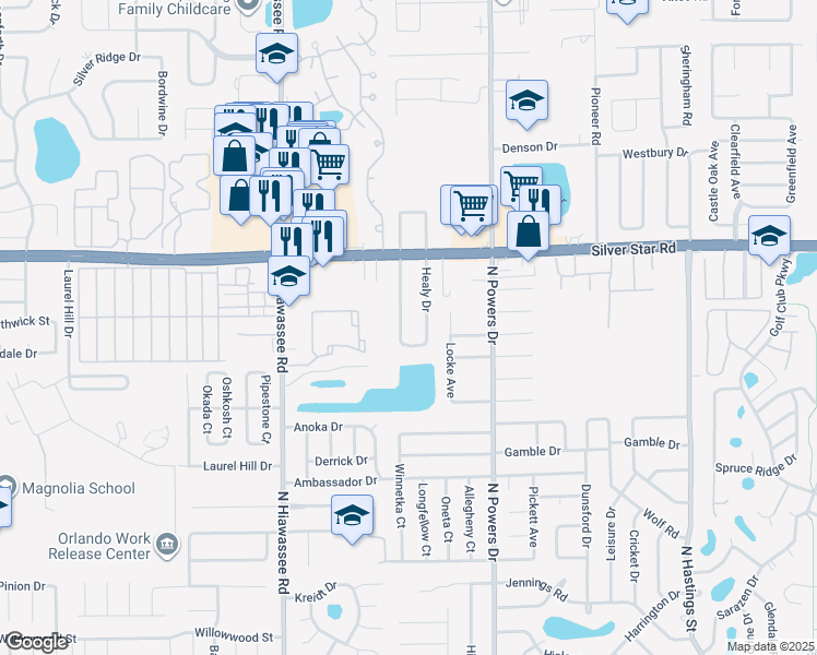 map of restaurants, bars, coffee shops, grocery stores, and more near 2417 Sandy Lane in Orlando