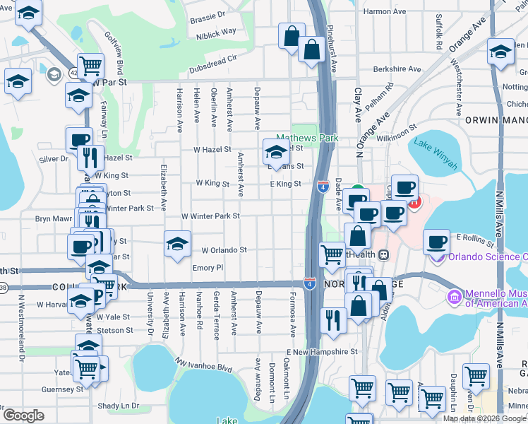map of restaurants, bars, coffee shops, grocery stores, and more near 11 East Winter Park Street in Orlando